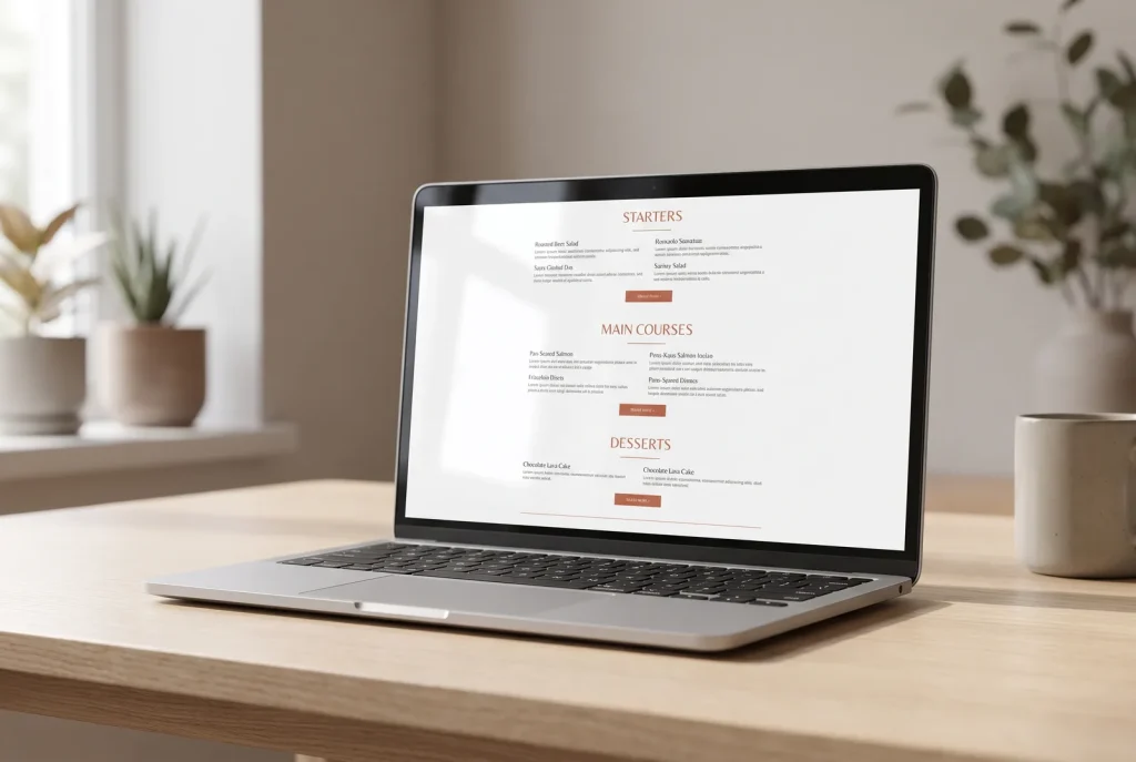 Finished restaurant website menu page shown on a laptop, web design result in Perth