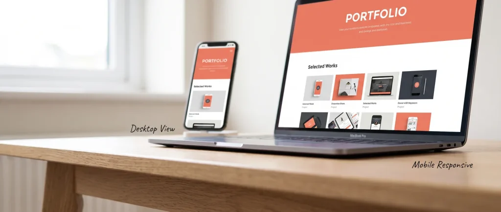 Low-angle view of a finished responsive web design on laptop and phone by a Perth web design studio