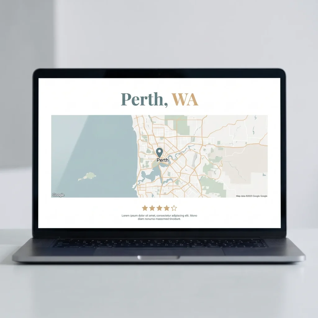 Laptop showing a local SEO website design with a Perth map interface by Happy Goat Web Design in Perth