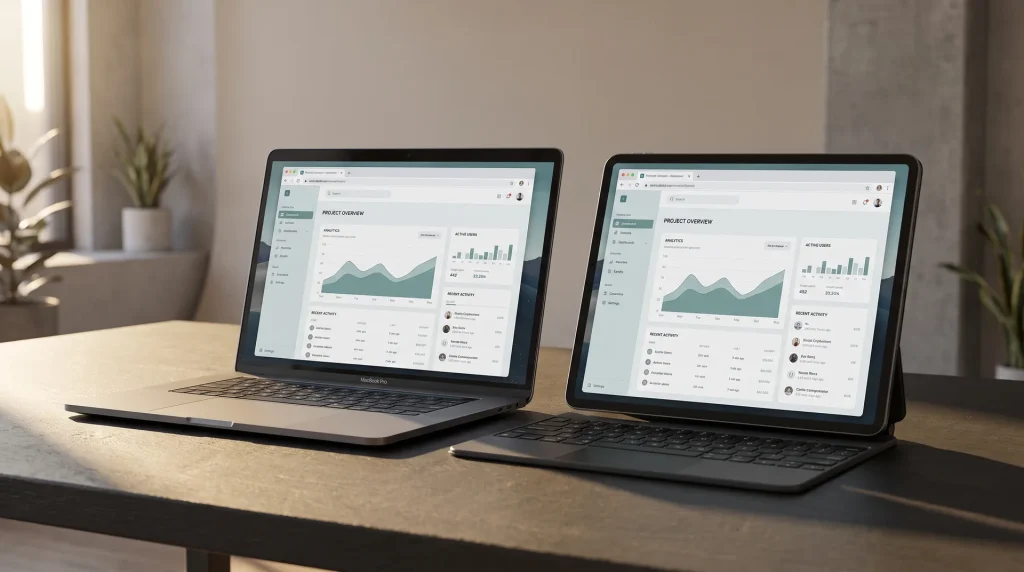 Custom web application dashboard shown on laptop and tablet for a Perth web design studio