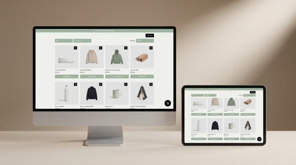 eCommerce web design storefront shown on desktop and tablet screens for a Perth web design studio
