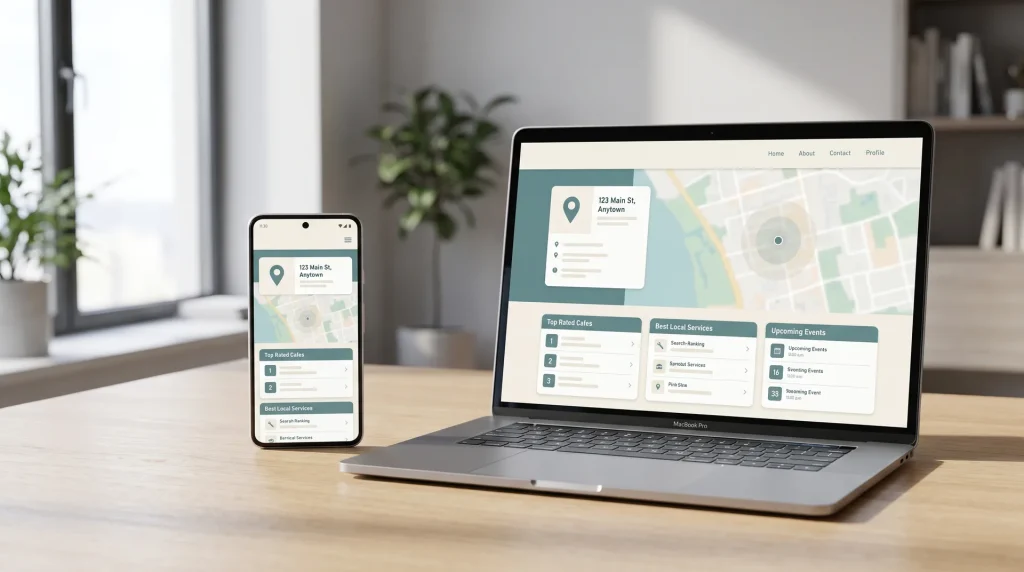 Local SEO web design shown on laptop and phone with map and ranking panels for a Perth business