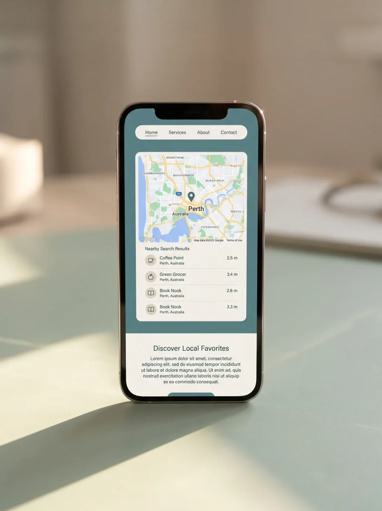 Local SEO website design on a phone showing a Perth map and search rankings