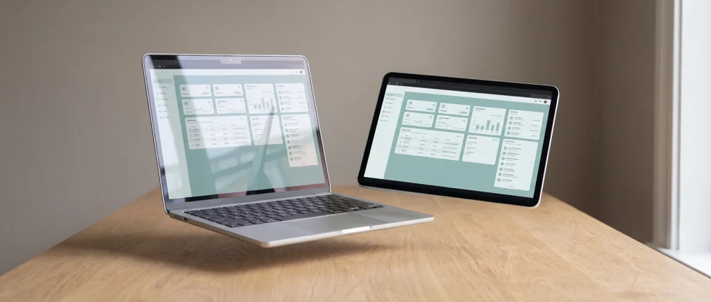 Custom web application interface shown on laptop and tablet screens for a Perth web design studio