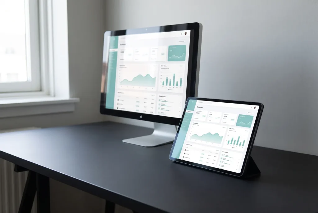 Custom web application dashboard shown on a monitor and tablet by a Perth web design studio