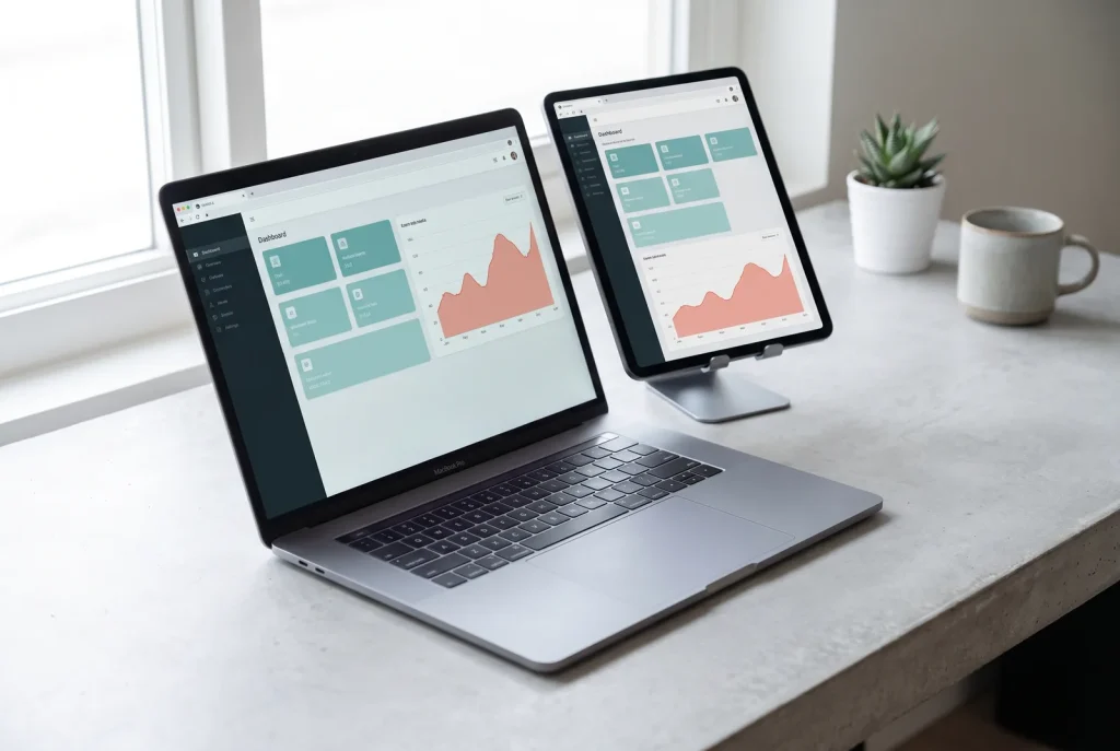 Custom web application interface on laptop and tablet, web design in Perth