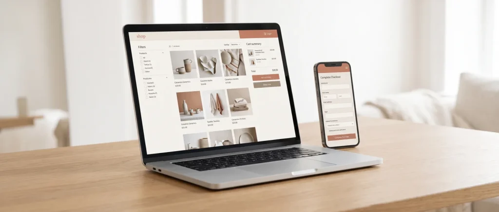 Finished eCommerce web design shown on laptop and phone screens for a Perth web design studio