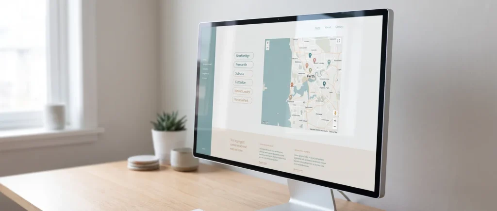 Finished local SEO website design on a monitor showing a Perth map and clean layout by Happy Goat Web Design