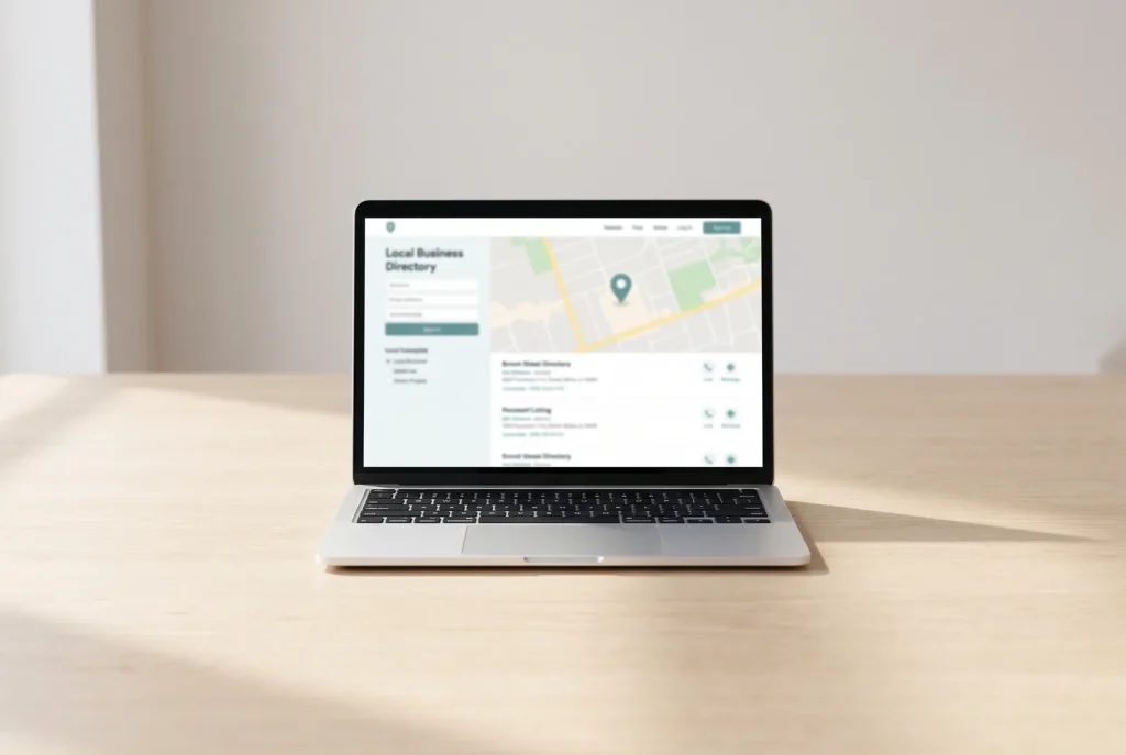 Laptop showing a local SEO web design layout with map and listing for a Perth business by Happy Goat