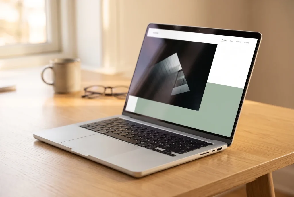 Laptop showing finished web development edge and seam detail of a website design by a Perth studio