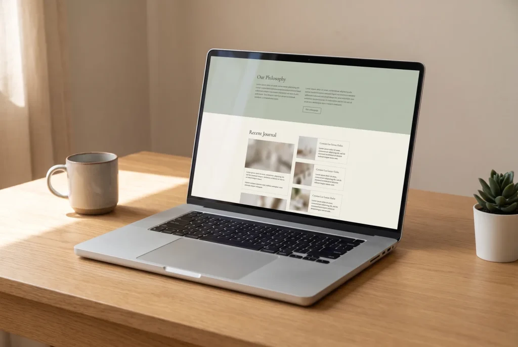 Finished WordPress website homepage on a laptop showing clean web design for a Perth studio