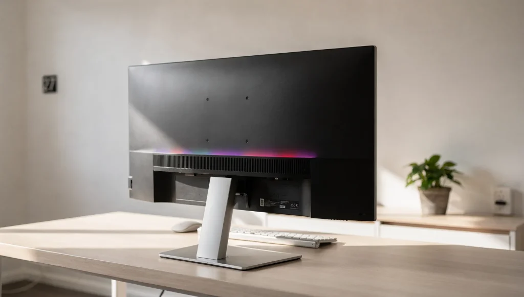 Ultrawide monitor rear view on minimalist desk in sunlit Perth home office.