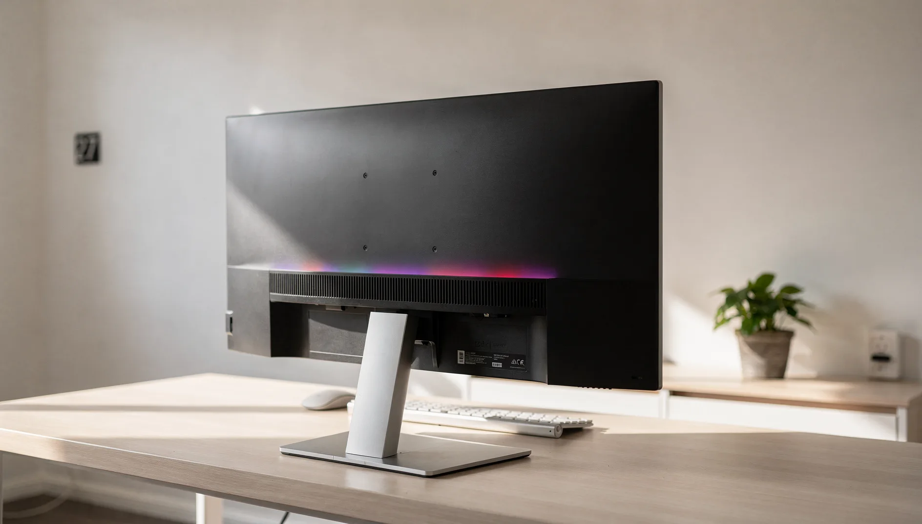 Ultrawide monitor rear view on minimalist desk in sunlit Perth home office.